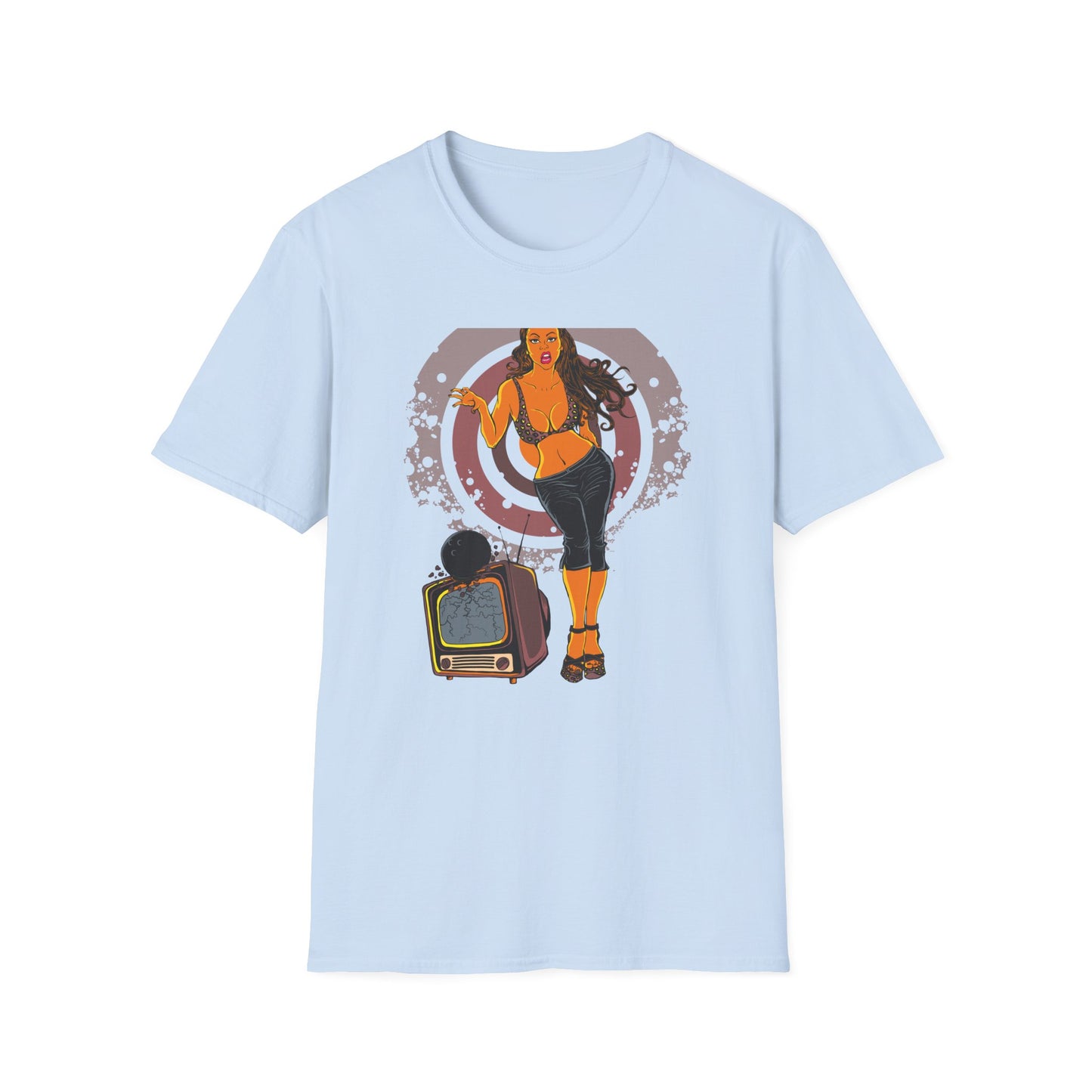 Edgy Retro Pin-Up Girl & Cracked TV Bowling T-Shirt | Bold Pop Art Vibe Women's Tee | Unique Vintage Statement Gift