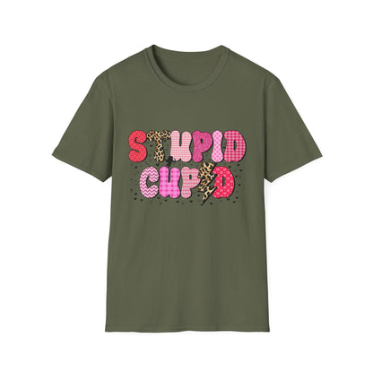 Edgy "Stupid Cupid" T-Shirt - Sarcastic Anti-Valentine's Day Tee with Retro Leopard & Glitter Patterns