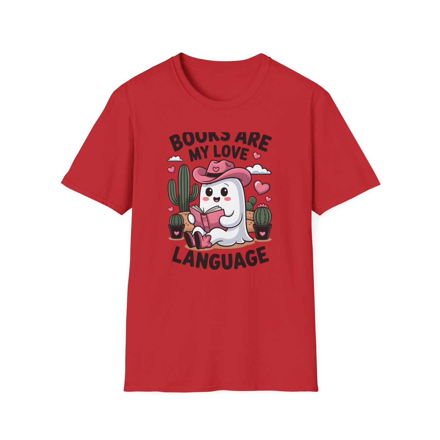 Adorable Reading Ghost T-Shirt | “Books Are My Love Language” Pink Cowboy Ghost Tee | Unique Book Lover Gift