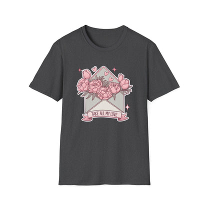 Charming 'Take All My Love' Floral T-Shirt - Romantic Peony & Tulip Envelope Tee | Sweet Valentine's Day Gift for Her