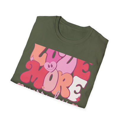 Groovy "LOVE MORE worry less" T-Shirt | Retro Happy Heart Tee | Positive Vibes Apparel for All | Inspiring Gift