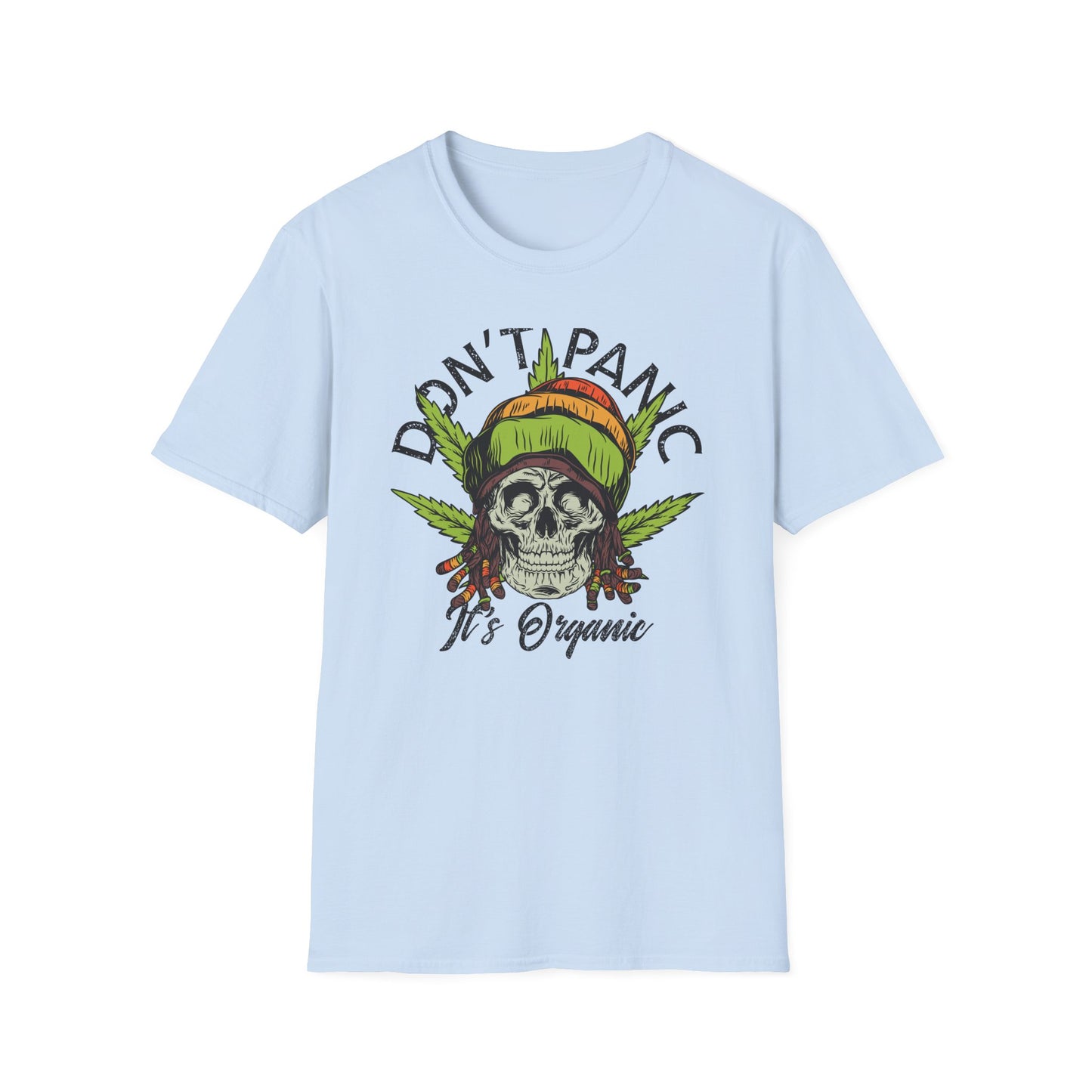 Awesome Don't Panic It's Organic Rasta Skull T-Shirt | Unique Cannabis Leaf Reggae Tee for Chill Vibes