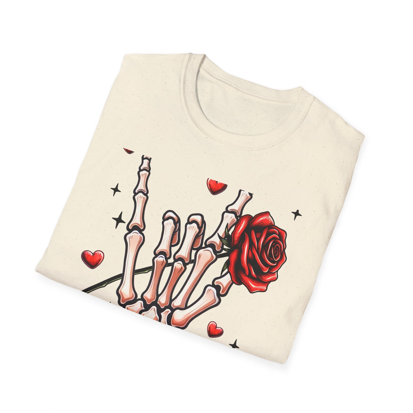 Unleash Your Dark Romance: 'Loved to Dead' Skeleton Rock Hand Rose T-Shirt | Edgy Gothic Valentine's Gift