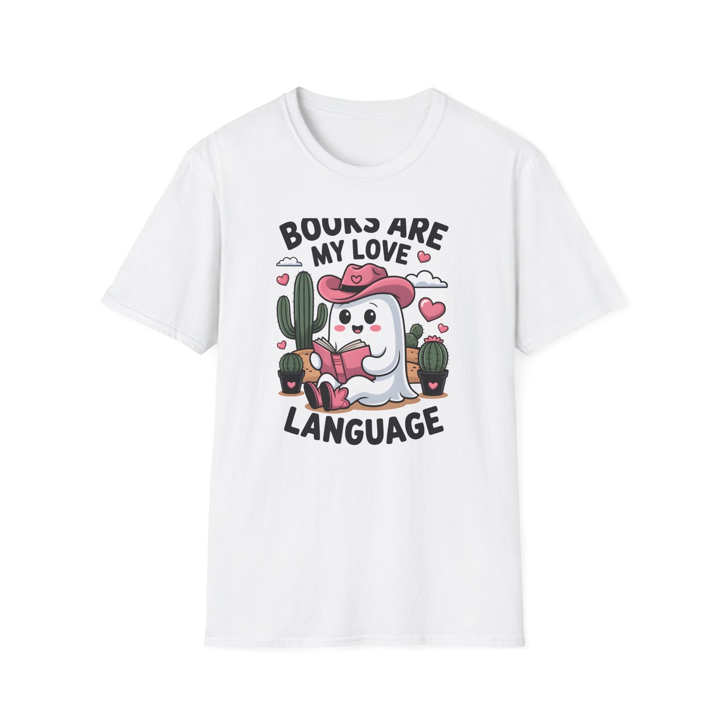 Adorable Reading Ghost T-Shirt | “Books Are My Love Language” Pink Cowboy Ghost Tee | Unique Book Lover Gift