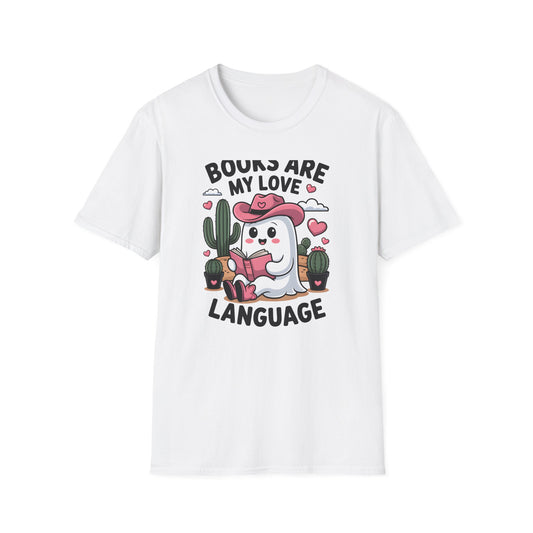 Adorable Reading Ghost T-Shirt | “Books Are My Love Language” Pink Cowboy Ghost Tee | Unique Book Lover Gift