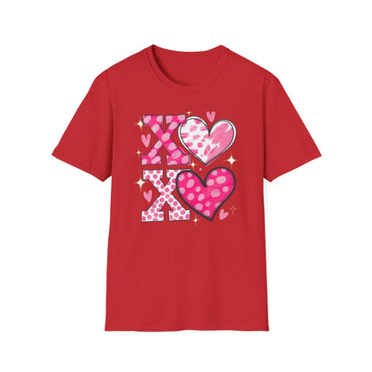 Sparkling XOXO Love Hearts T-Shirt | Chic Pink Polka Dot & Brushstroke Tee | Perfect Valentine's Day & Everyday Wear