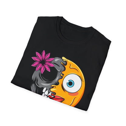 Striking Melting Emoji Skull T-Shirt – Unique Duality Graphic Tee for Edgy, Alternative & Goth Styles