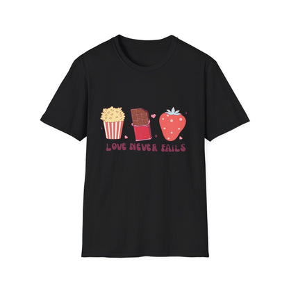 Delicious Retro Love Never Fails T-Shirt - Popcorn, Chocolate, Strawberry Snack Tee for Foodies & Romantics