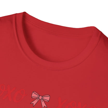 Adorable XOXO Bows & Sparkles T-Shirt | Sweet Hugs & Kisses Valentine's Day Tee for Women | Charming Romantic Gift
