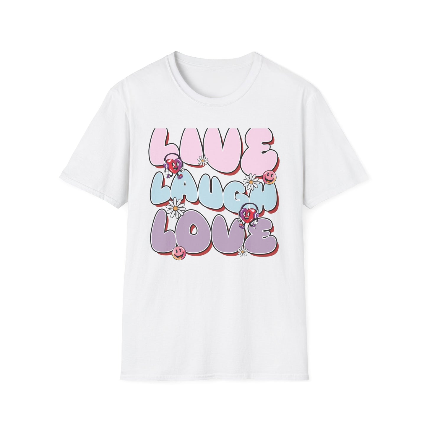 Vibrant Retro Live Laugh Love T-Shirt | Groovy Hearts & Smiley Faces Tee for Positive Vibes