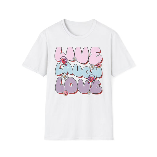Vibrant Retro Live Laugh Love T-Shirt | Groovy Hearts & Smiley Faces Tee for Positive Vibes