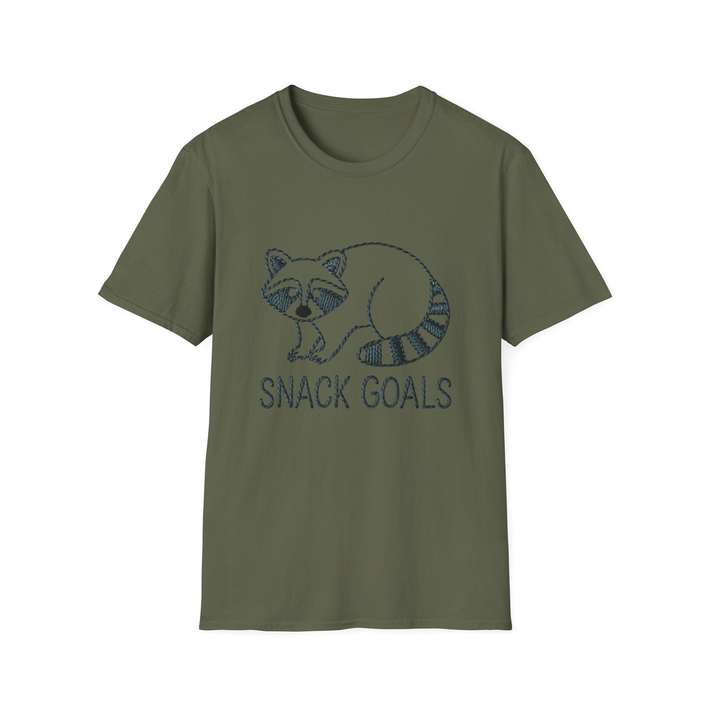 Cute Raccoon 'Snack Goals' T-Shirt | Adorable Embroidered Look Foodie Tee | Funny Animal Lover Gift