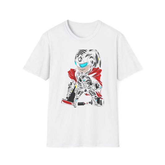 Dynamic Cyberpunk Graffiti T-Shirt - Futuristic Street Art Hero Tee for Gamers & Urban Artists
