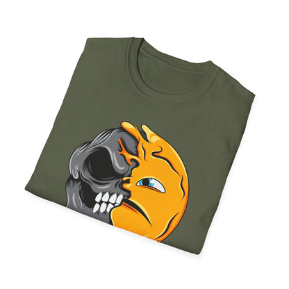 Vibrant Melting Skull Smiley Face T-Shirt | Unique Duality Graphic Tee | Edgy Streetwear Art