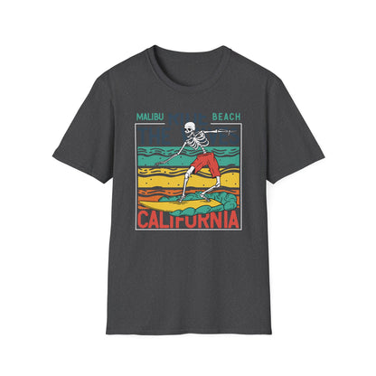 Epic Malibu Skeleton Surfer T-Shirt - Ride The Waves California Beach Retro Tee | Unique Vintage Style Surf Graphic