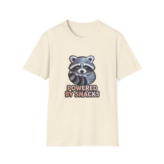 Adorable Raccoon "Powered by Snacks" T-Shirt | Ultimate Cozy Snack Lover Tee | Hilarious Animal Foodie Gift Top
