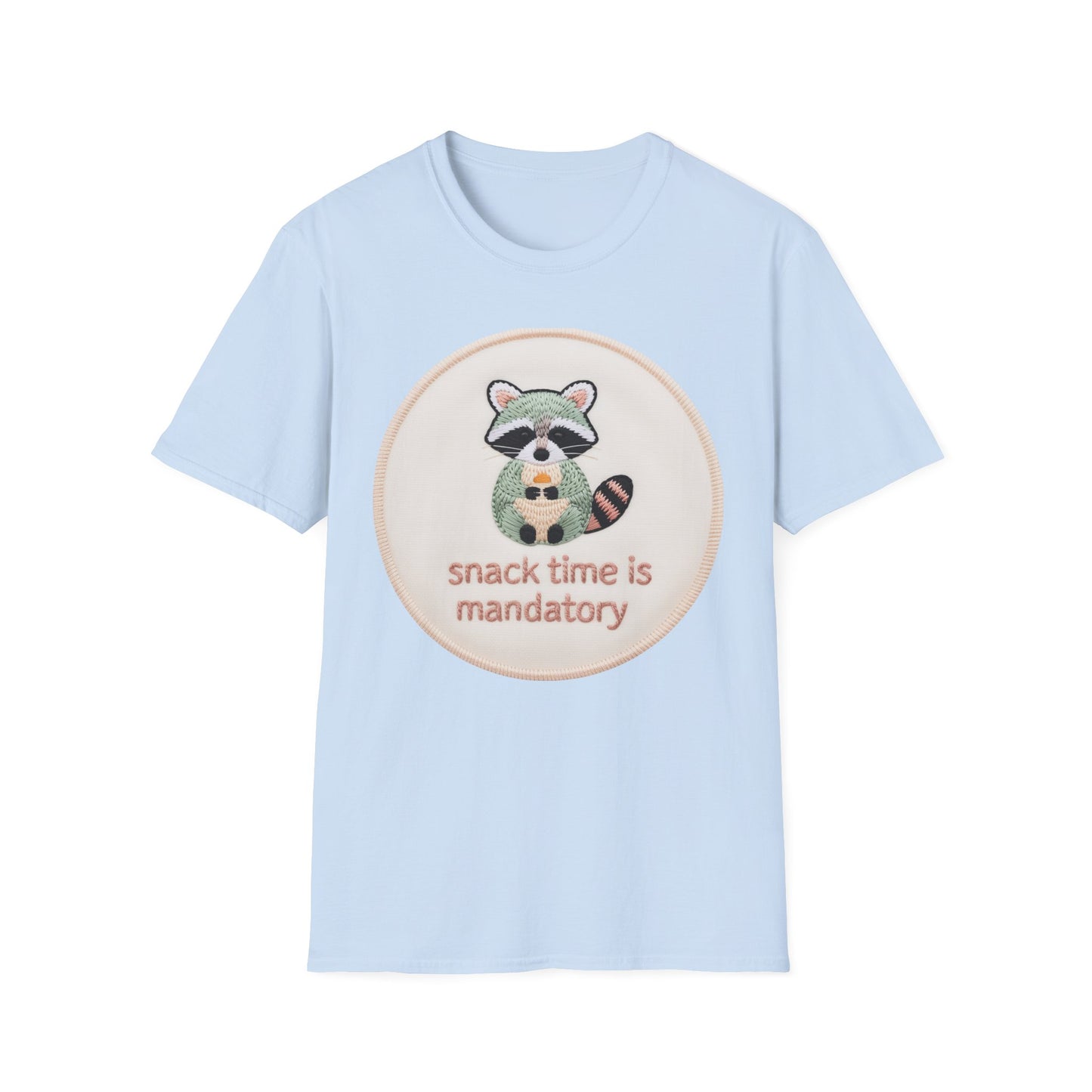 Charming Embroidered Raccoon T-Shirt - "Snack Time Is Mandatory" Cute Animal Lover & Foodie Tee