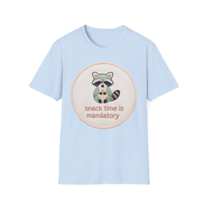 Charming Embroidered Raccoon T-Shirt - "Snack Time Is Mandatory" Cute Animal Lover & Foodie Tee