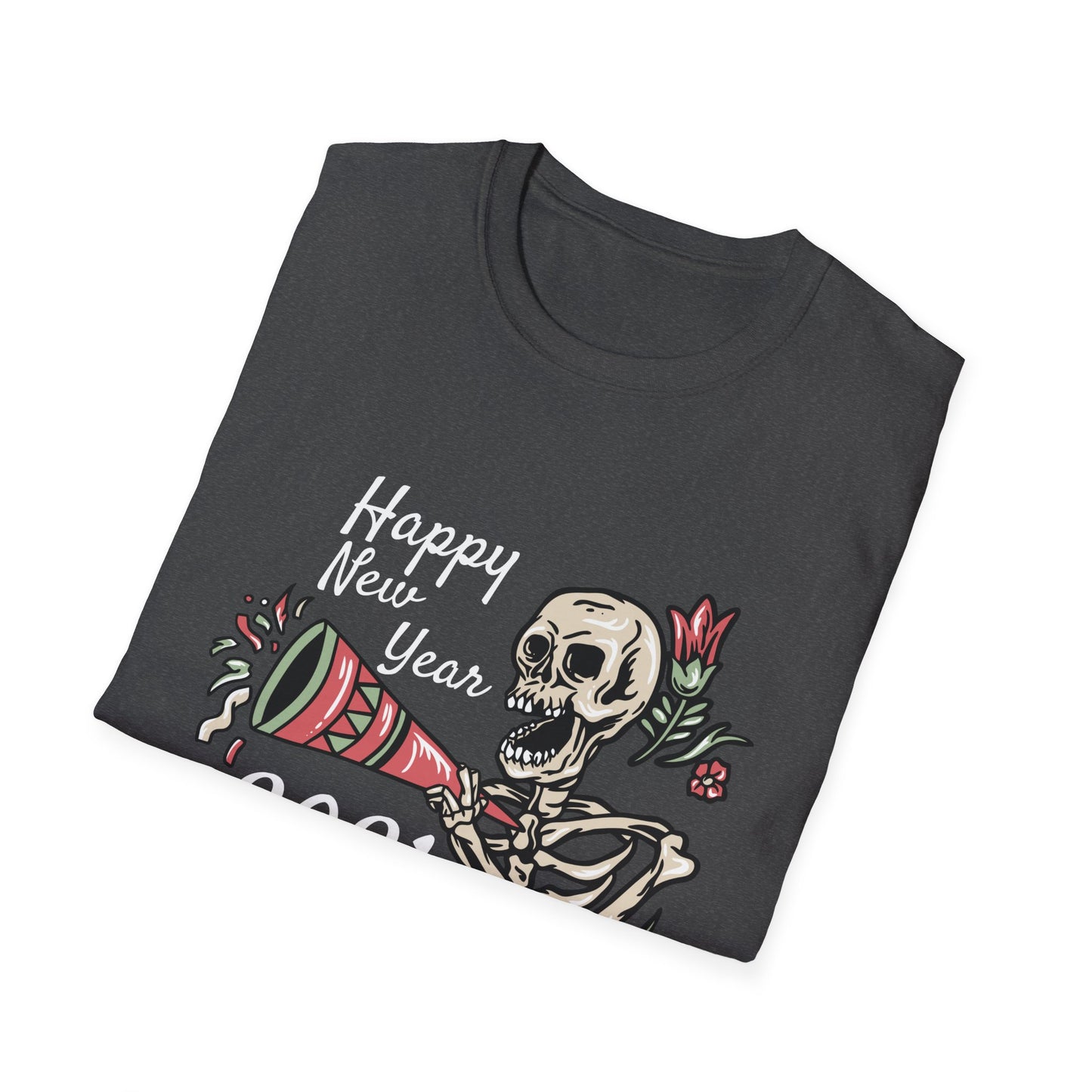 Vibrant Party Skeleton T-Shirt - Fun Quirky Floral Horn Blasting Graphic Tee