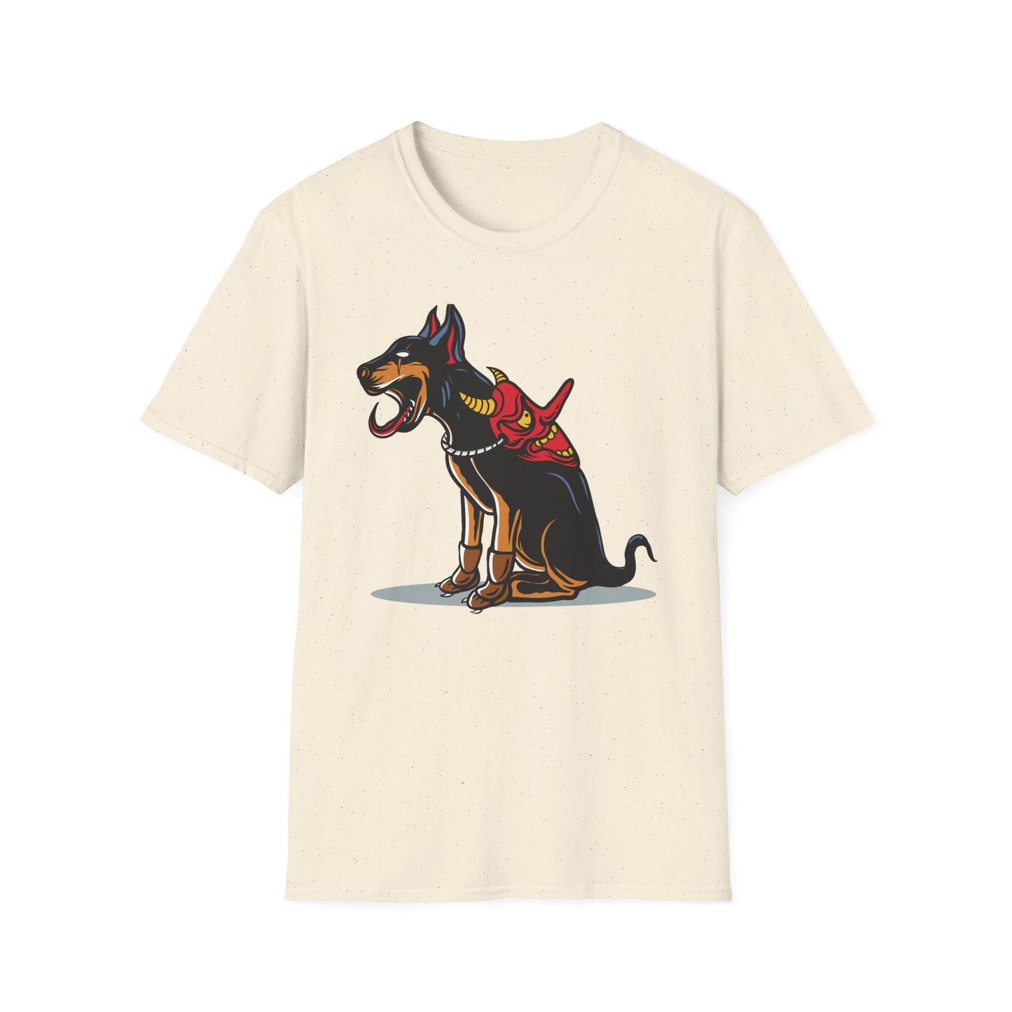 Fierce Doberman Hannya Mask T-Shirt: Epic Japanese Demon Dog Design. Bold Statement Tee for Edgy Dog Lovers & Culture Fans.