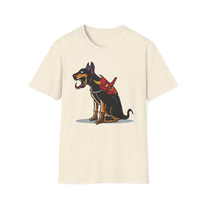 Fierce Doberman Hannya Mask T-Shirt: Epic Japanese Demon Dog Design. Bold Statement Tee for Edgy Dog Lovers & Culture Fans.