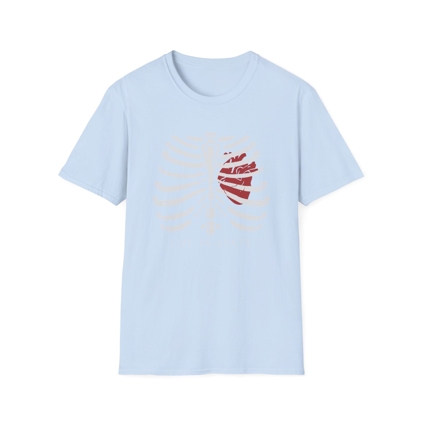 Striking "Live In Death" Skeleton Rib Cage & Red Heart T-Shirt | Unique Anatomical Goth Tee | Deep Meaning Statement Apparel