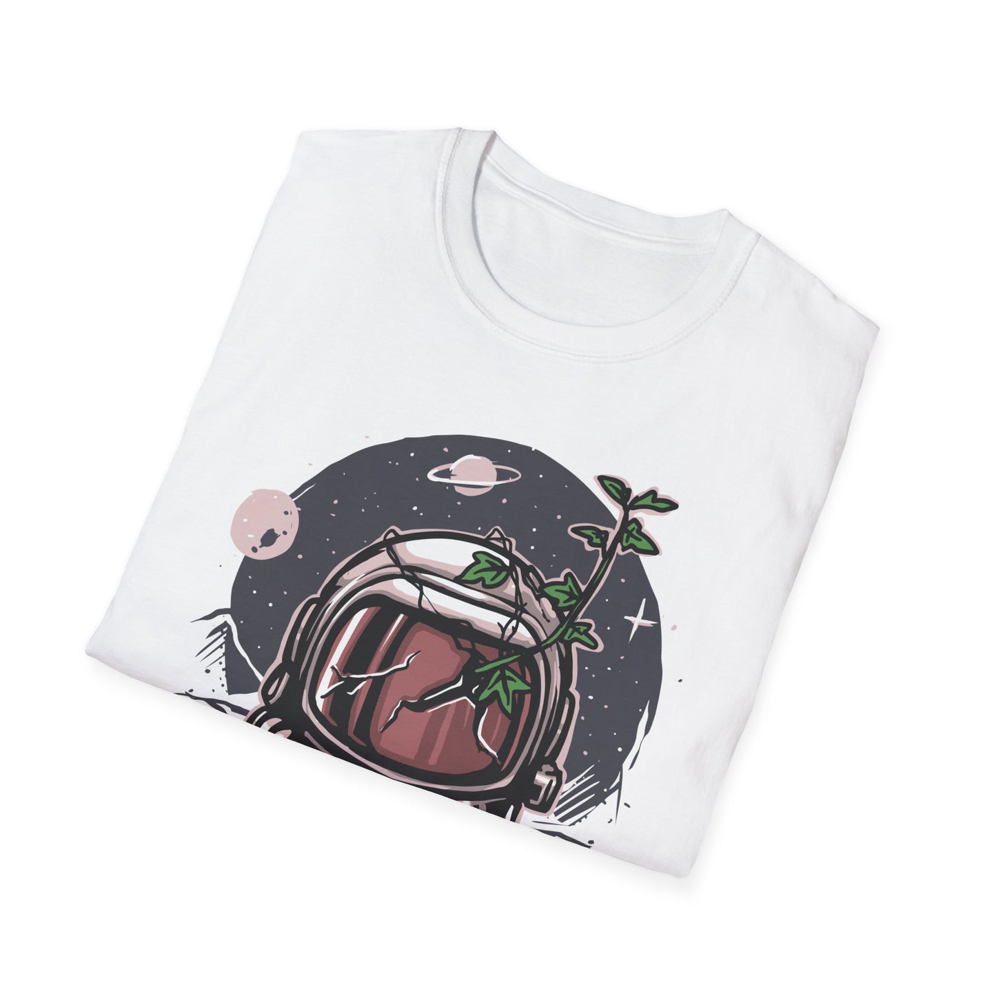 Stunning Cosmic Bloom Astronaut Helmet T-Shirt | Unique Space Plant Growth & Nature Inspired Sci-Fi Art Tee