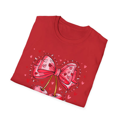 Sweet Cherries & Heart Bow T-Shirt | Adorable Pink Love Design Tee for Women - Perfect Gift