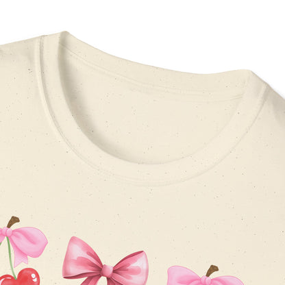 Delightful Pink Bow & Heart Cherry T-Shirt - Adorable Lovecore Aesthetic Tee for Her | Sweet Valentine's Gift