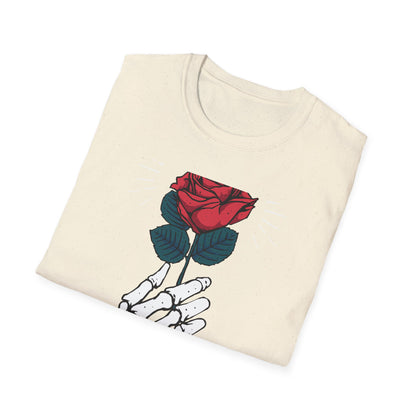 Striking Skeleton Hand Holding Rose T-Shirt | Unique Gothic Love Tee | Captivating Alt Fashion Top for Edgy Style