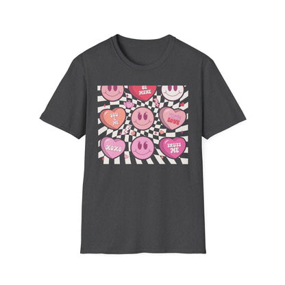 Groovy Retro Valentine's T-Shirt | Adorable Conversation Heart & Smiley Face Design | Trendy Love Core Aesthetic Tee