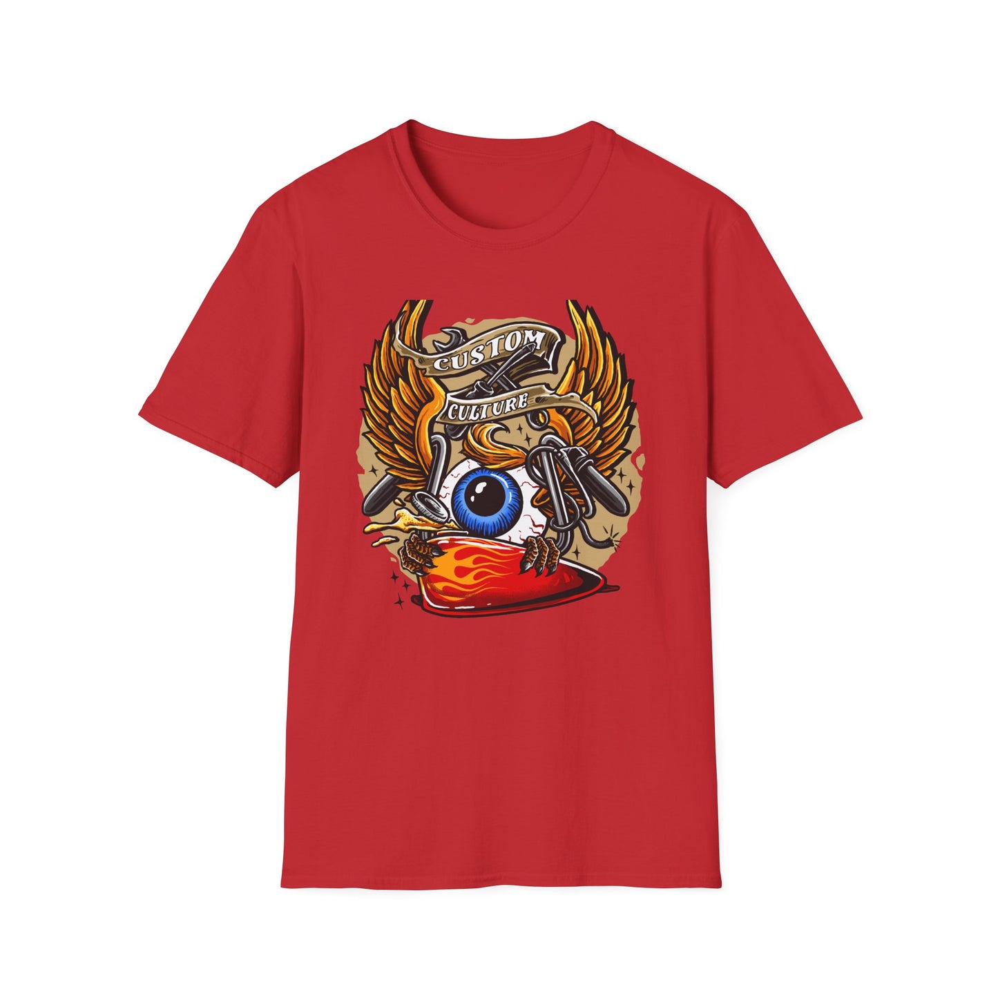 Epic Custom Culture T-Shirt | Bold Flaming Eye & Biker Wings Design | Unleash Your Rebel Spirit - Hot Rod Tee