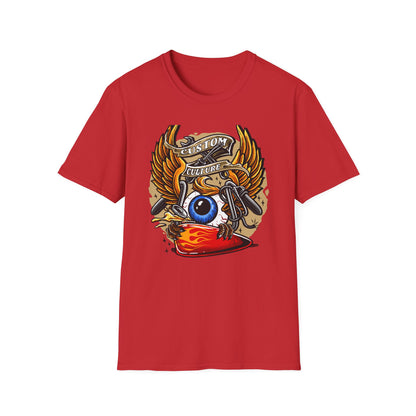 Epic Custom Culture T-Shirt | Bold Flaming Eye & Biker Wings Design | Unleash Your Rebel Spirit - Hot Rod Tee