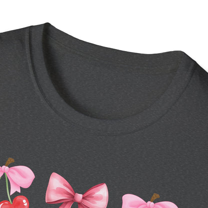 Delightful Pink Bow & Heart Cherry T-Shirt - Adorable Lovecore Aesthetic Tee for Her | Sweet Valentine's Gift