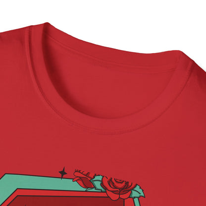 Chill Skeleton in Coffin T-Shirt | Unique Spooky Cute Goth Tee with Red Roses | Ultimate Alternative Style
