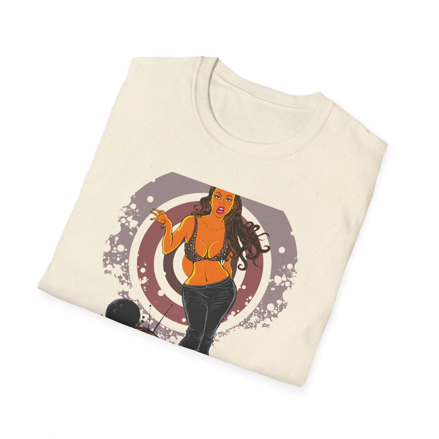 Edgy Retro Pin-Up Girl & Cracked TV Bowling T-Shirt | Bold Pop Art Vibe Women's Tee | Unique Vintage Statement Gift