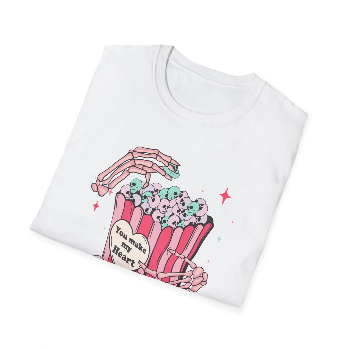 Spooky-Cute 'You Make My Heart' Skull Popcorn T-Shirt - Pastel Goth Love Tee Gift