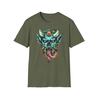 Vibrant Oni Demon Mask T-Shirt | Epic Japanese Folklore Monster Tee | Bold Streetwear & Goth Style Apparel