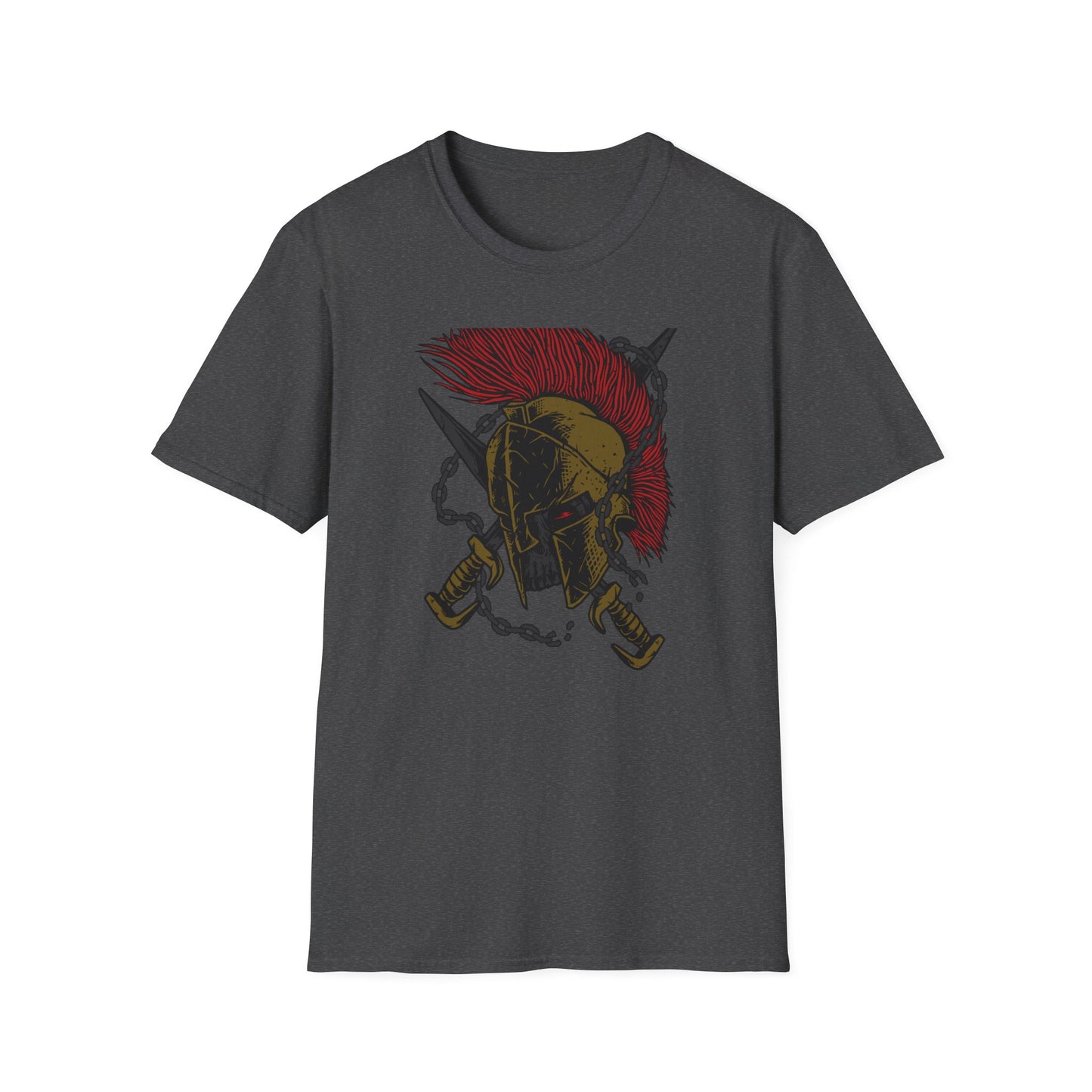 Epic Spartan Skull Helmet T-Shirt - Fearless Warrior Design with Swords & Chains for Men