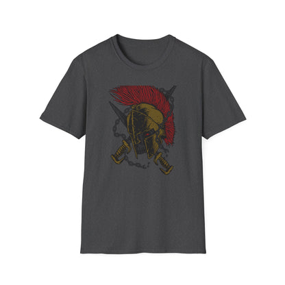Epic Spartan Skull Helmet T-Shirt - Fearless Warrior Design with Swords & Chains for Men
