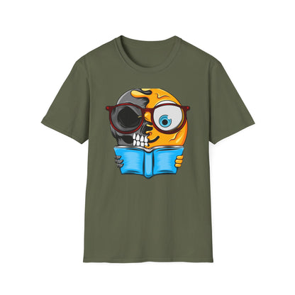 Clever Duality T-Shirt: Smart Skull & Emoji Bookworm Reader Tee for Unique Minds. Striking Graphic Top Gift.