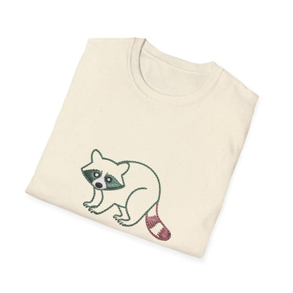 Hilarious Raccoon Running On Snacks T-Shirt | Unique Embroidered Style Animal Lover Tee | Funny Foodie Gift
