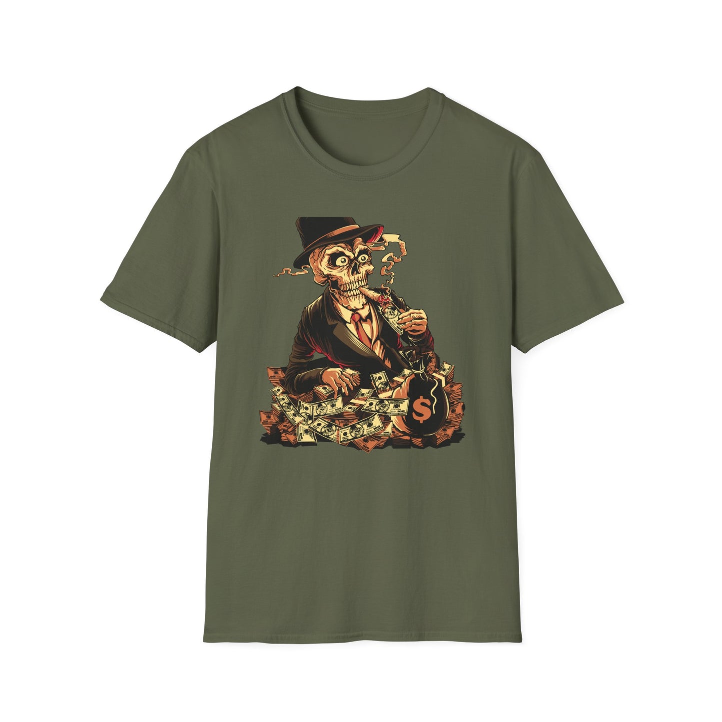Epic Billionaire Skeleton T-Shirt: Dapper Skull, Money Stacks & Burning Dollar Cigar - Ultimate Hustle Tee