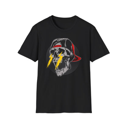Electrifying Skull Baseball Cap T-Shirt | Edgy Urban Streetwear Tee for Rebels | Bold Graphic Design