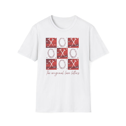 Meaningful Christian 'Original Love Letters' T-Shirt | Unique Cross & Crown of Thorns Design - Faith Tic-Tac-Toe Apparel