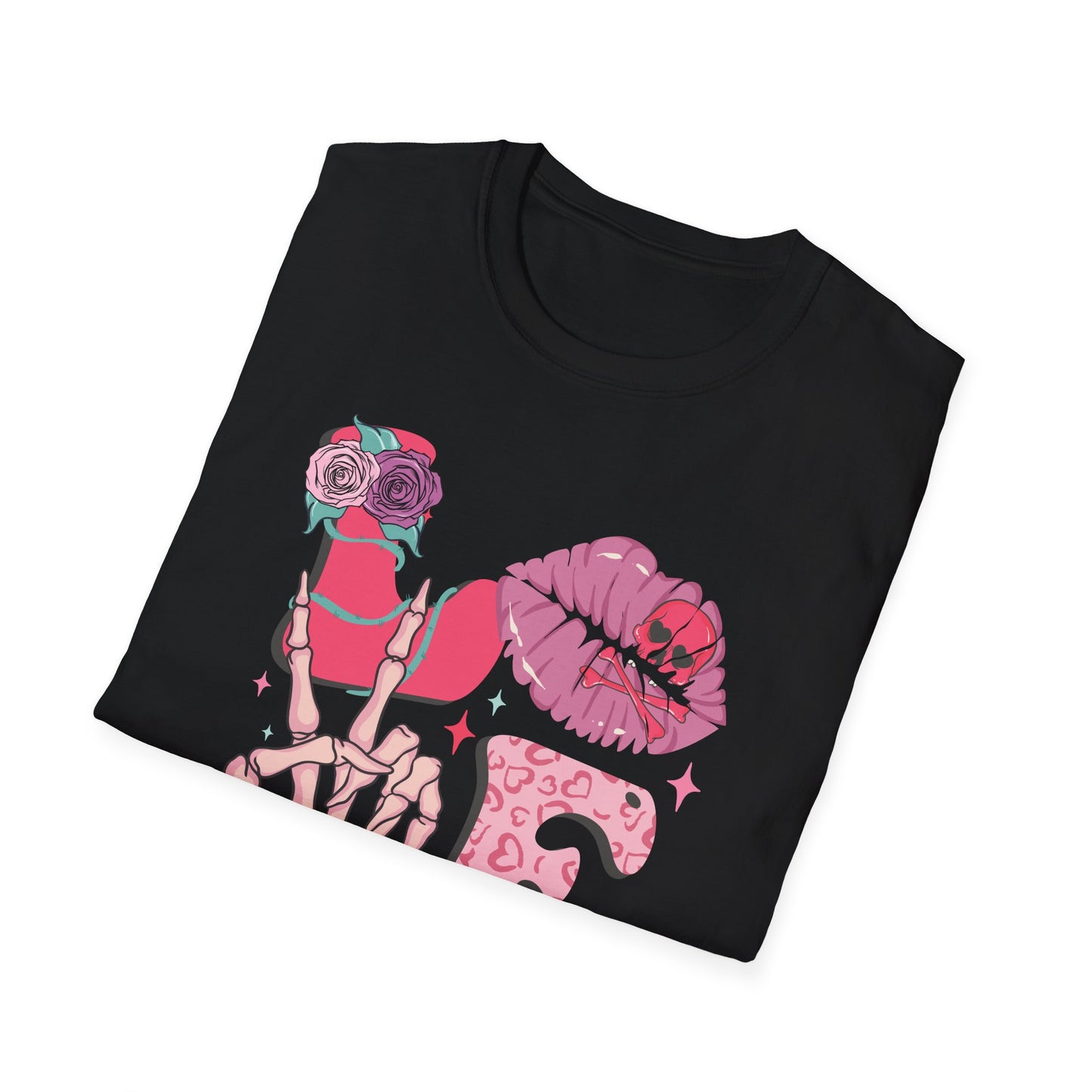 Edgy Pink Grunge T-Shirt: Skull Kiss, Peace Skeleton Hand, Roses & Heart Initial 'E' Design. Trendy Alt Fashion Tee.