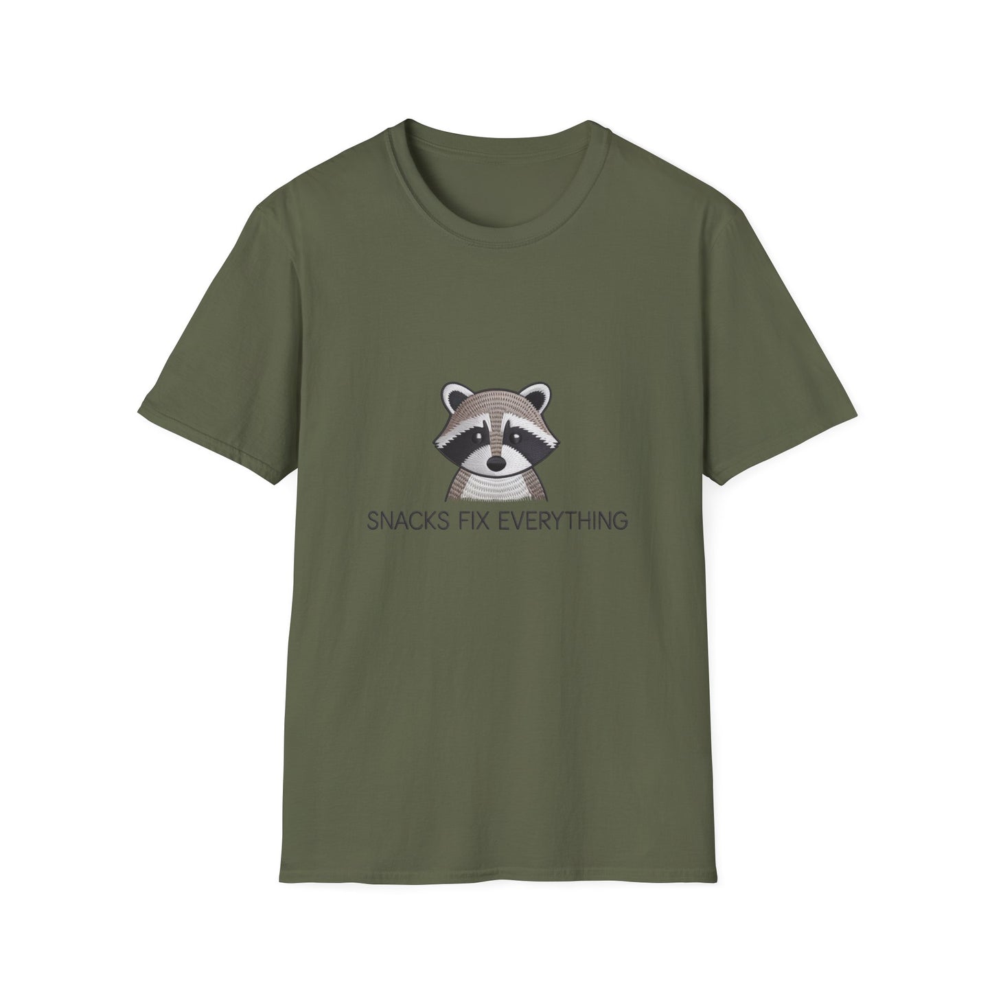 Awesome Raccoon 'Snacks Fix Everything' Embroidered T-Shirt - Funny Foodie Animal Tee for Snack Lovers
