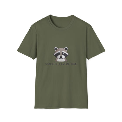 Awesome Raccoon 'Snacks Fix Everything' Embroidered T-Shirt - Funny Foodie Animal Tee for Snack Lovers