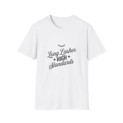 Chic Long Lashes & High Standards T-Shirt | Empowering Beauty Attitude Tee for Confident Women