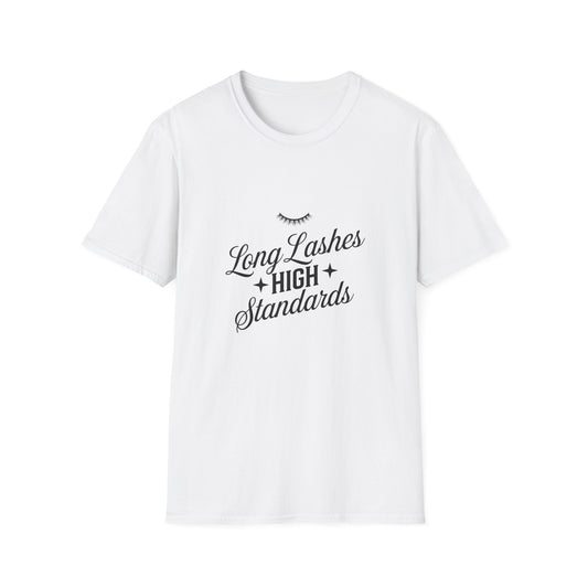 Chic Long Lashes & High Standards T-Shirt | Empowering Beauty Attitude Tee for Confident Women